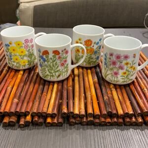 Vtg Japanese Porcelain Wildflower Mugs Set of 4 Vibrant‎ Botanical Garden Design